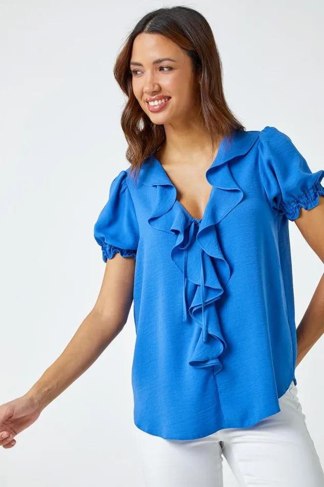 Blue Ruffle Front Tie Detail Blouse Women Roman Tops