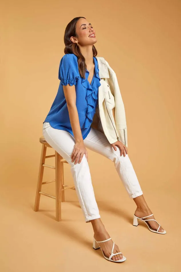 Blue Ruffle Front Tie Detail Blouse Women Roman Tops
