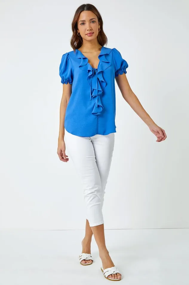 Blue Ruffle Front Tie Detail Blouse Women Roman Tops