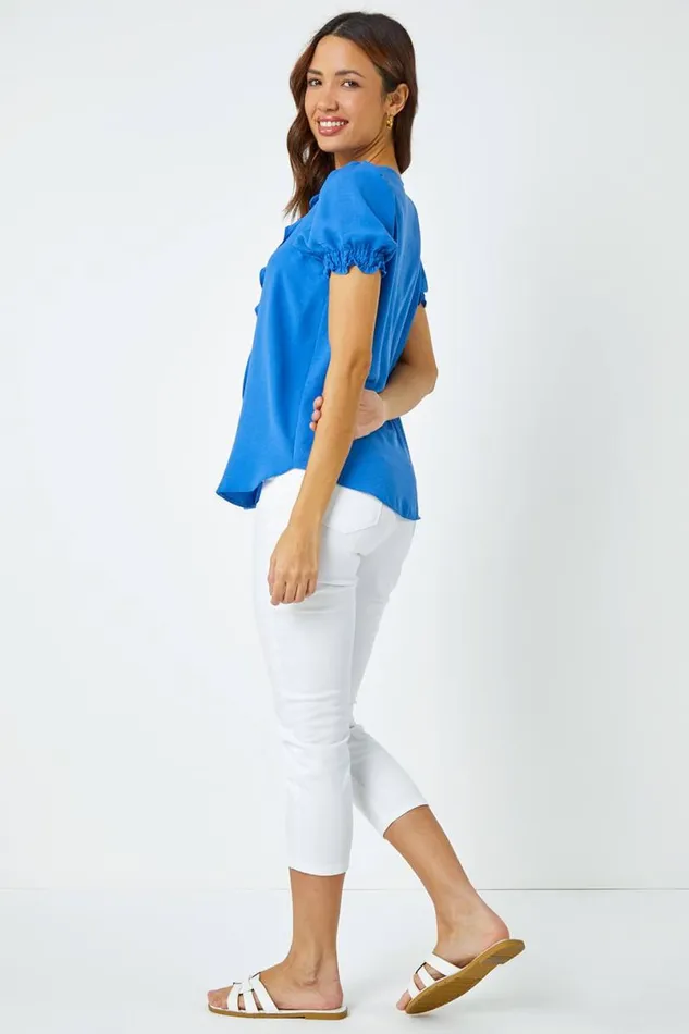 Blue Ruffle Front Tie Detail Blouse Women Roman Tops