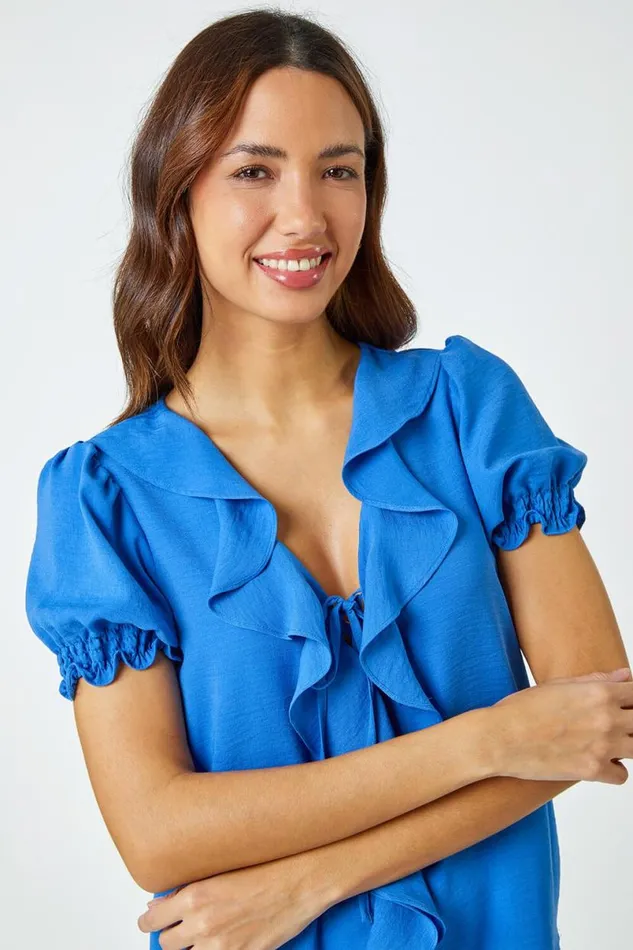 Blue Ruffle Front Tie Detail Blouse Women Roman Tops