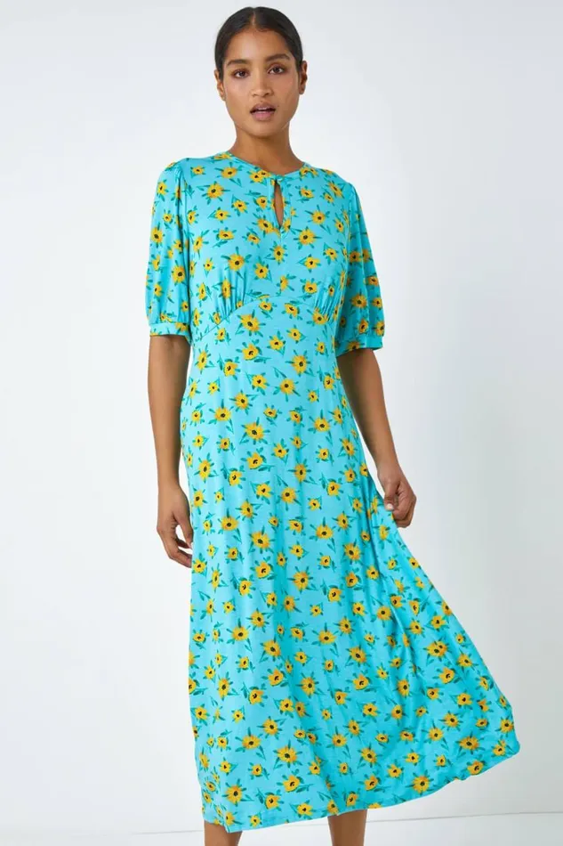 Blue Sunflower Print Keyhole Stretch Midi Dress Women Roman Dresses
