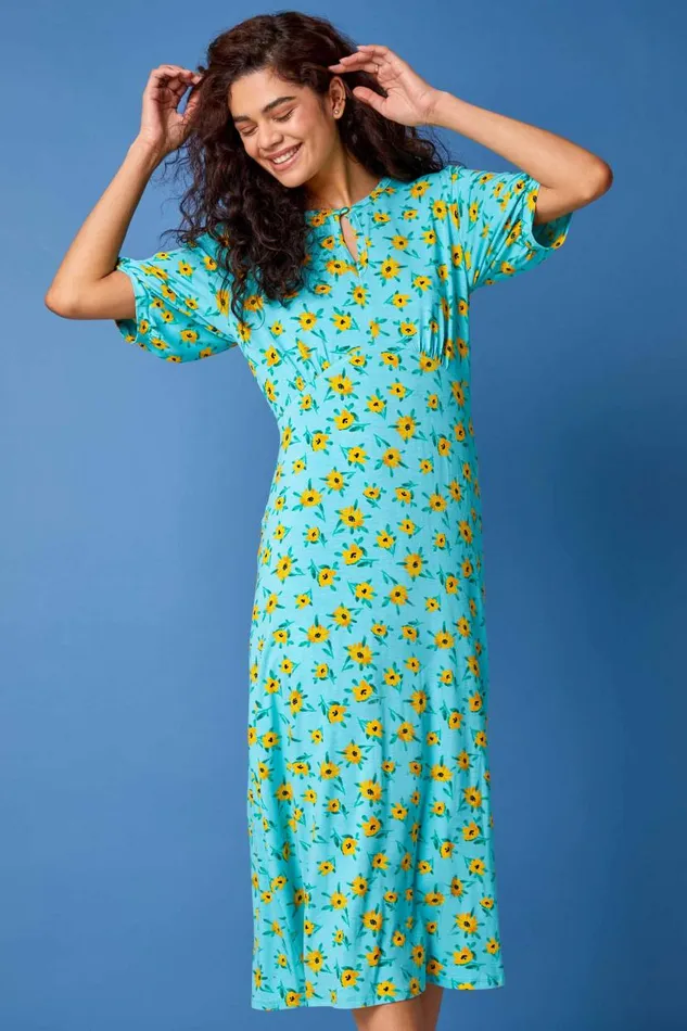 Blue Sunflower Print Keyhole Stretch Midi Dress Women Roman Dresses