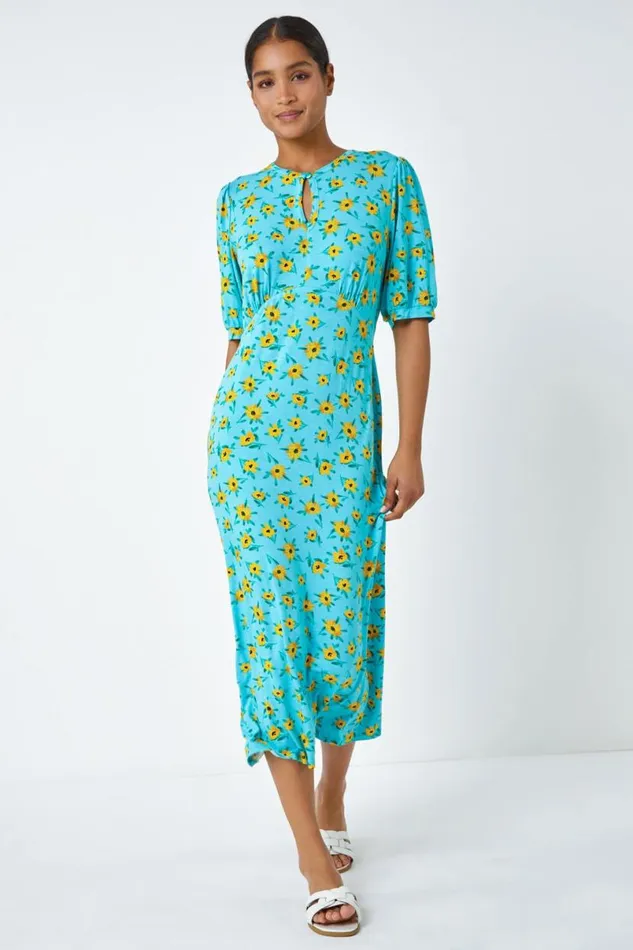Blue Sunflower Print Keyhole Stretch Midi Dress Women Roman Dresses