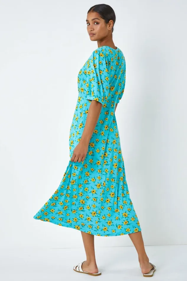 Blue Sunflower Print Keyhole Stretch Midi Dress Women Roman Dresses