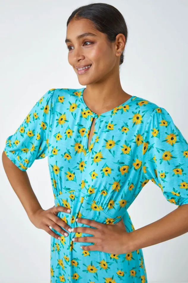 Blue Sunflower Print Keyhole Stretch Midi Dress Women Roman Dresses