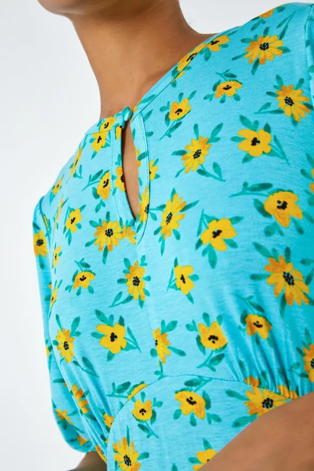 Blue Sunflower Print Keyhole Stretch Midi Dress Women Roman Dresses