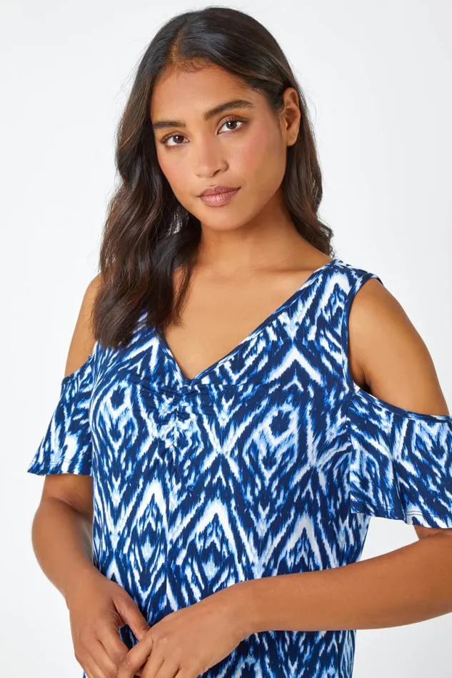 Blue Tie Dye Jersey VNeck Cold Shoulder Top Women Roman Tops