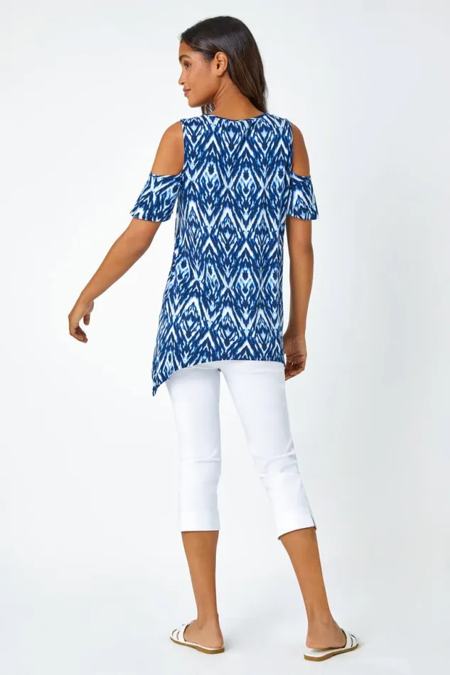 Blue Tie Dye Jersey VNeck Cold Shoulder Top Women Roman Tops
