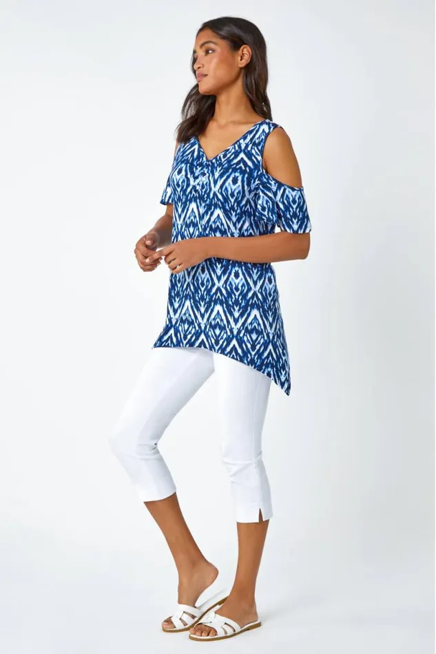 Blue Tie Dye Jersey VNeck Cold Shoulder Top Women Roman Tops