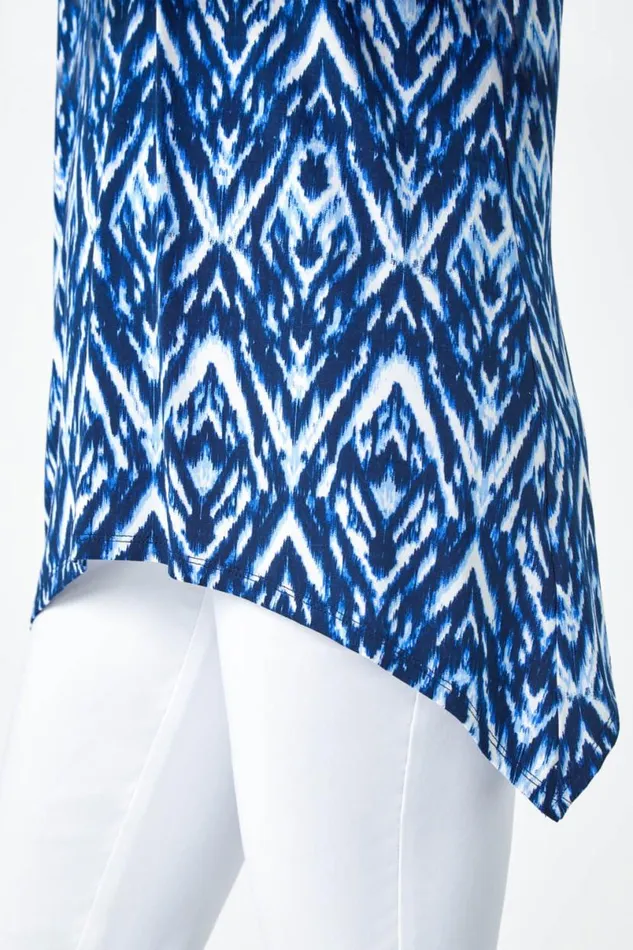 Blue Tie Dye Jersey VNeck Cold Shoulder Top Women Roman Tops