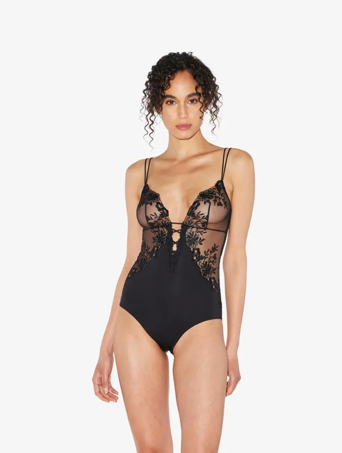 Bodysuit In Black Lycra With Embroidered Tulle Lingerie La Perla Bodysuits and Bustiers