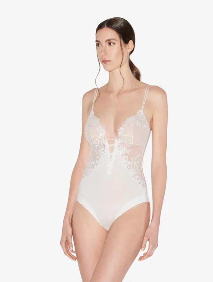 Bodysuit In Offwhite Lycra With Embroidered Tulle Lingerie La Perla Bodysuits and Bustiers