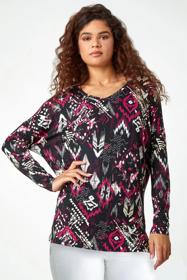 Bordeaux Aztec Print VNeck Stretch Tunic Top Women Roman Tops
