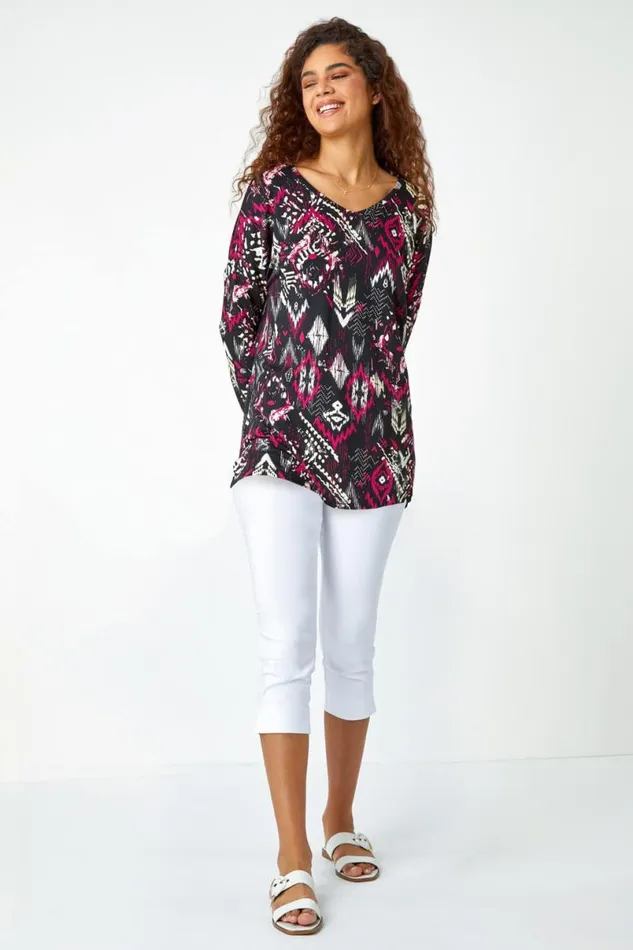 Bordeaux Aztec Print VNeck Stretch Tunic Top Women Roman Tops