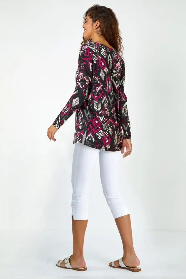 Bordeaux Aztec Print VNeck Stretch Tunic Top Women Roman Tops