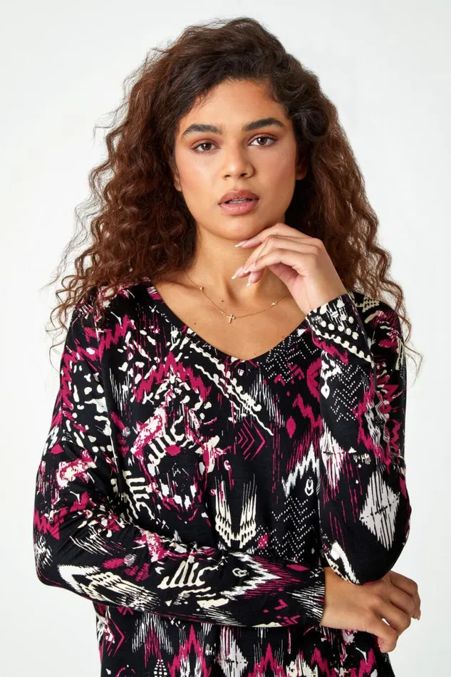 Bordeaux Aztec Print VNeck Stretch Tunic Top Women Roman Tops