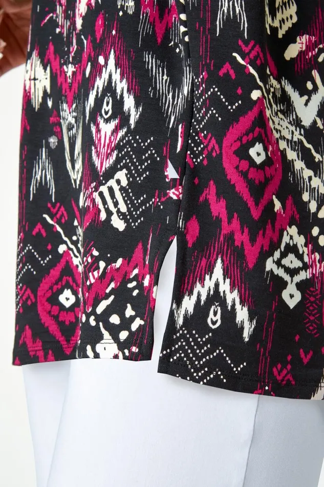 Bordeaux Aztec Print VNeck Stretch Tunic Top Women Roman Tops