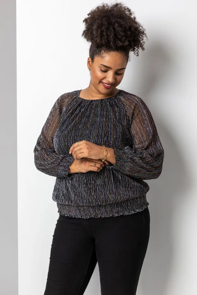 Bronze Curve Foil Shimmer Plisse Top Women Roman Tops