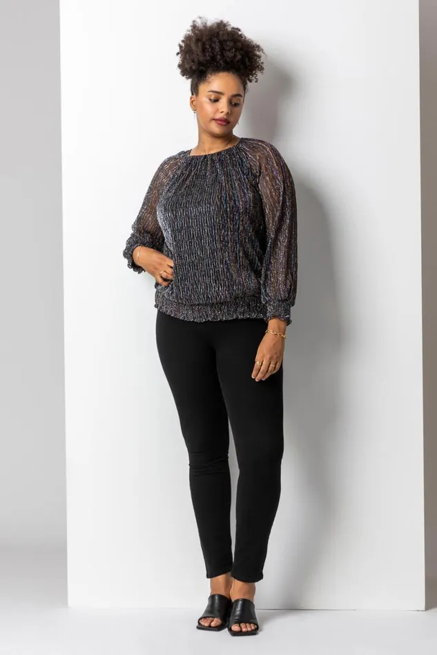Bronze Curve Foil Shimmer Plisse Top Women Roman Tops