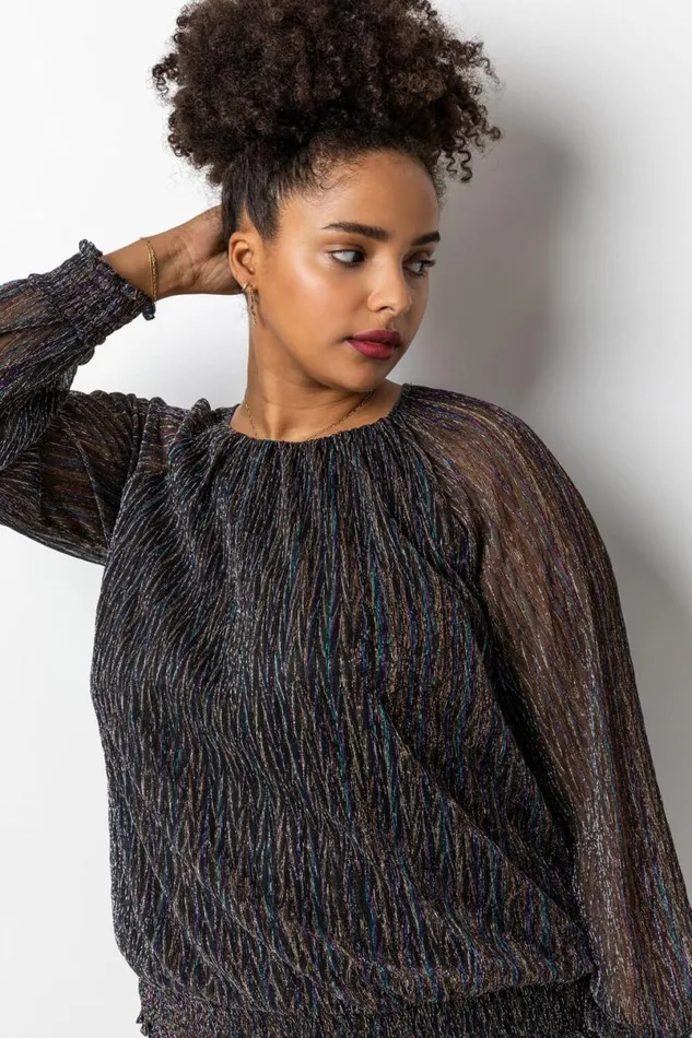Bronze Curve Foil Shimmer Plisse Top Women Roman Tops