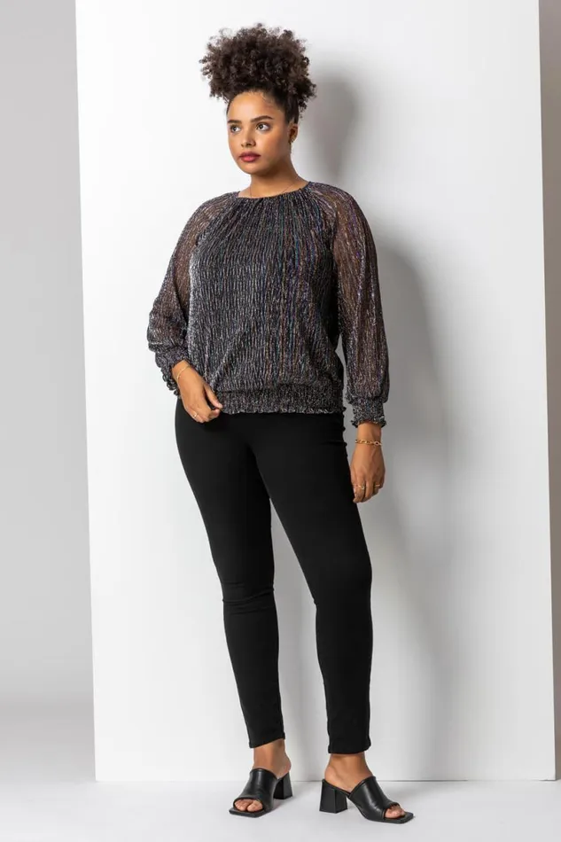 Bronze Curve Foil Shimmer Plisse Top Women Roman Tops