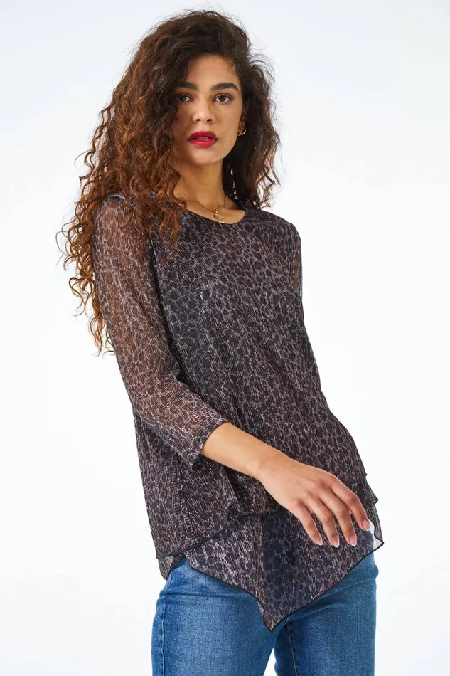 Bronze Metallic Animal Print Asymmetric Top Women Roman Tops