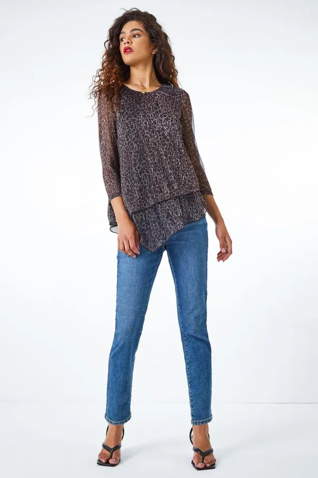 Bronze Metallic Animal Print Asymmetric Top Women Roman Tops