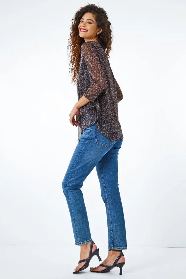 Bronze Metallic Animal Print Asymmetric Top Women Roman Tops