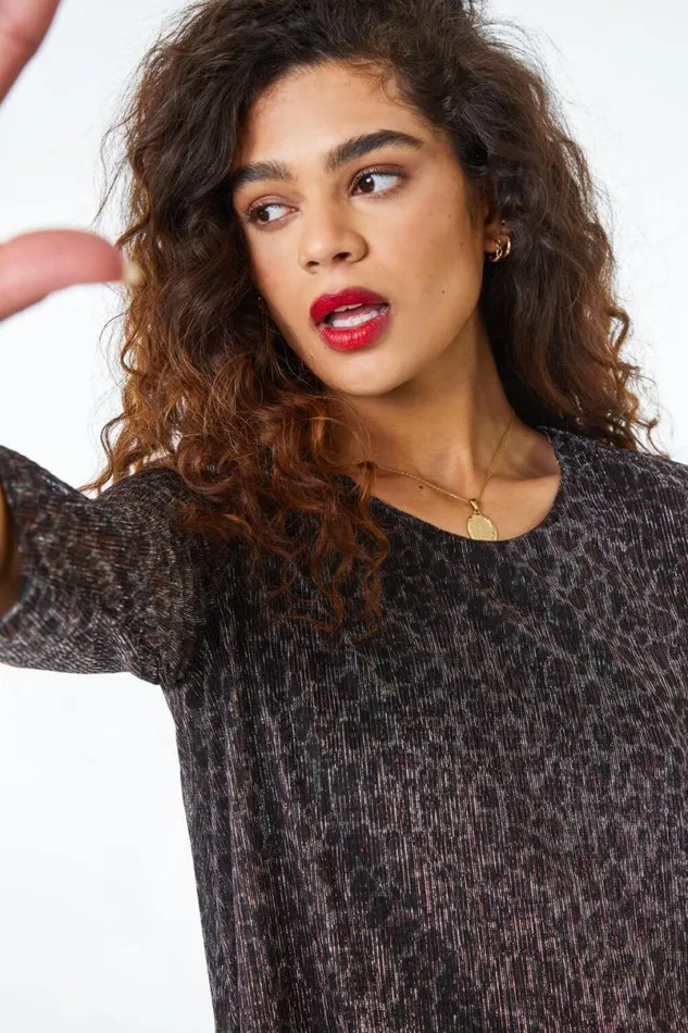 Bronze Metallic Animal Print Asymmetric Top Women Roman Tops
