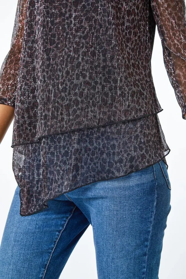 Bronze Metallic Animal Print Asymmetric Top Women Roman Tops