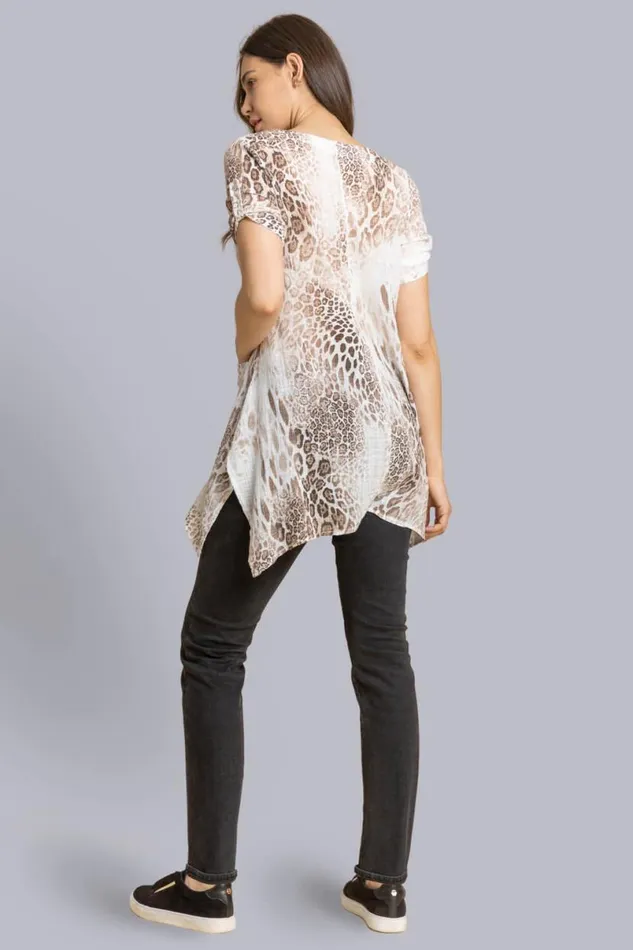 Brown Animal Print Hanky Hem Tunic Top Women Roman Tops
