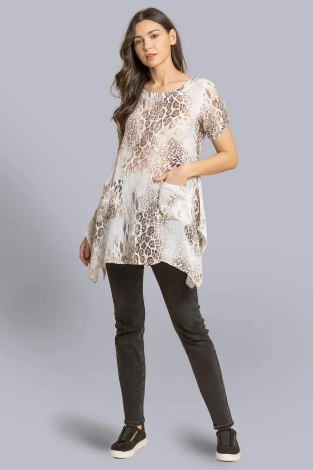 Brown Animal Print Hanky Hem Tunic Top Women Roman Tops