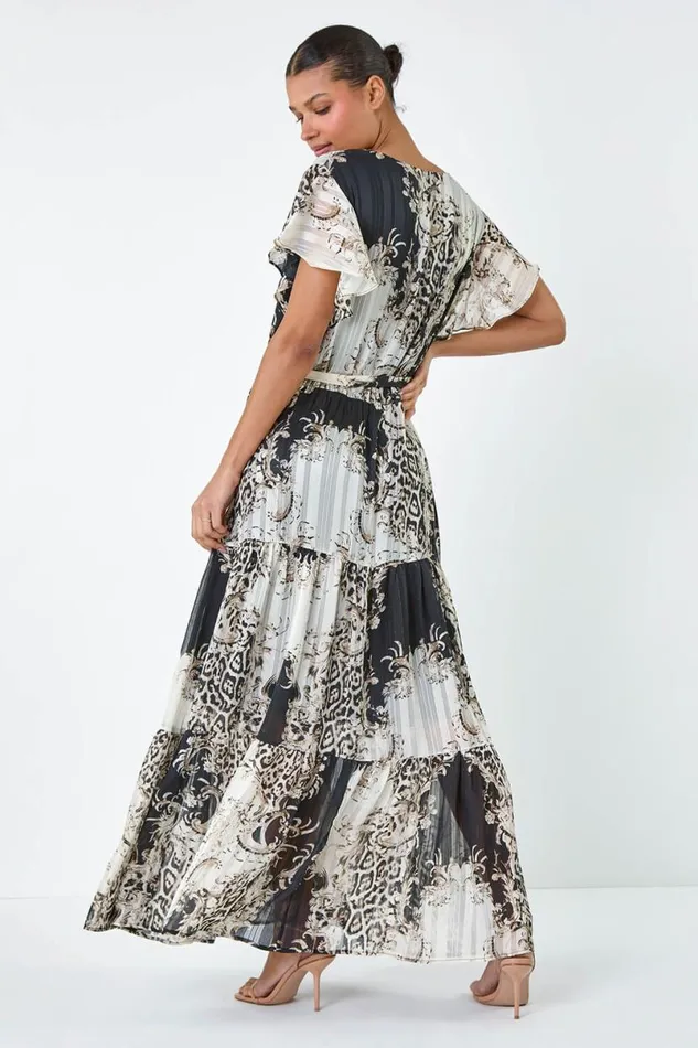 Brown Animal Shimmer Tiered Maxi Dress Women Roman Dresses