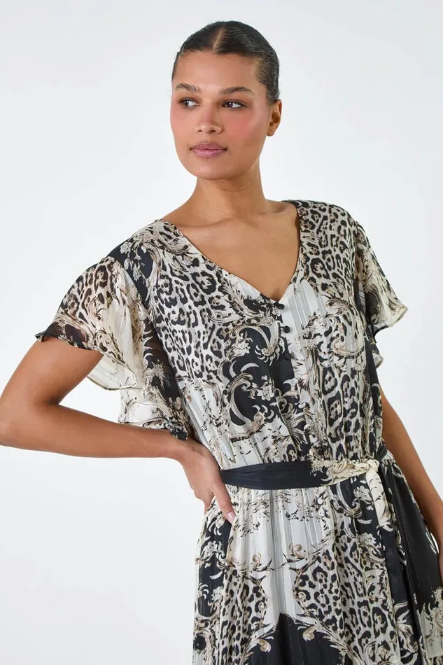 Brown Animal Shimmer Tiered Maxi Dress Women Roman Dresses