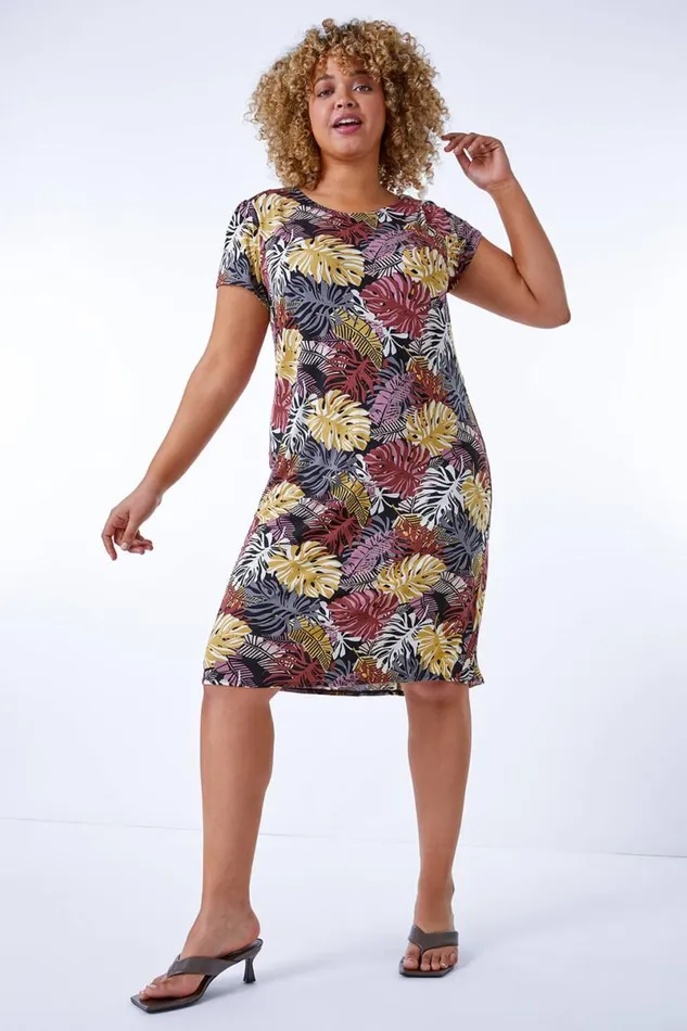 Brown Curve Stretch Leaf Print Shift Dress Women Roman Dresses