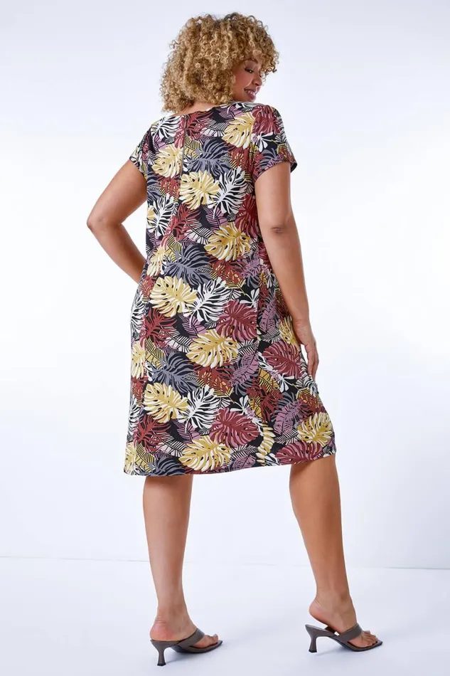 Brown Curve Stretch Leaf Print Shift Dress Women Roman Dresses