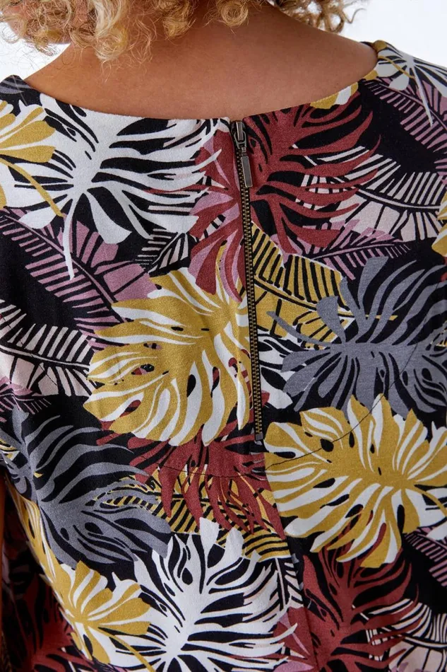 Brown Curve Stretch Leaf Print Shift Dress Women Roman Dresses