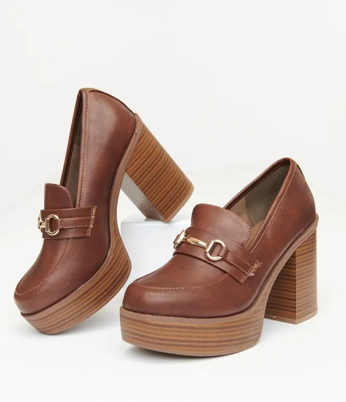 Brown Leatherette Loafer Heels Shoes Unique Vintage Heels
