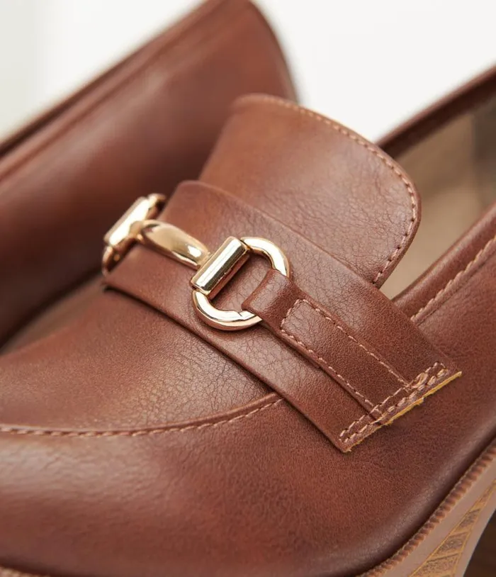 Brown Leatherette Loafer Heels Shoes Unique Vintage Heels