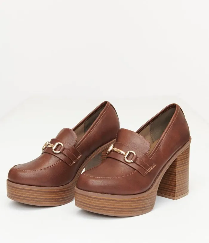 Brown Leatherette Loafer Heels Shoes Unique Vintage Heels