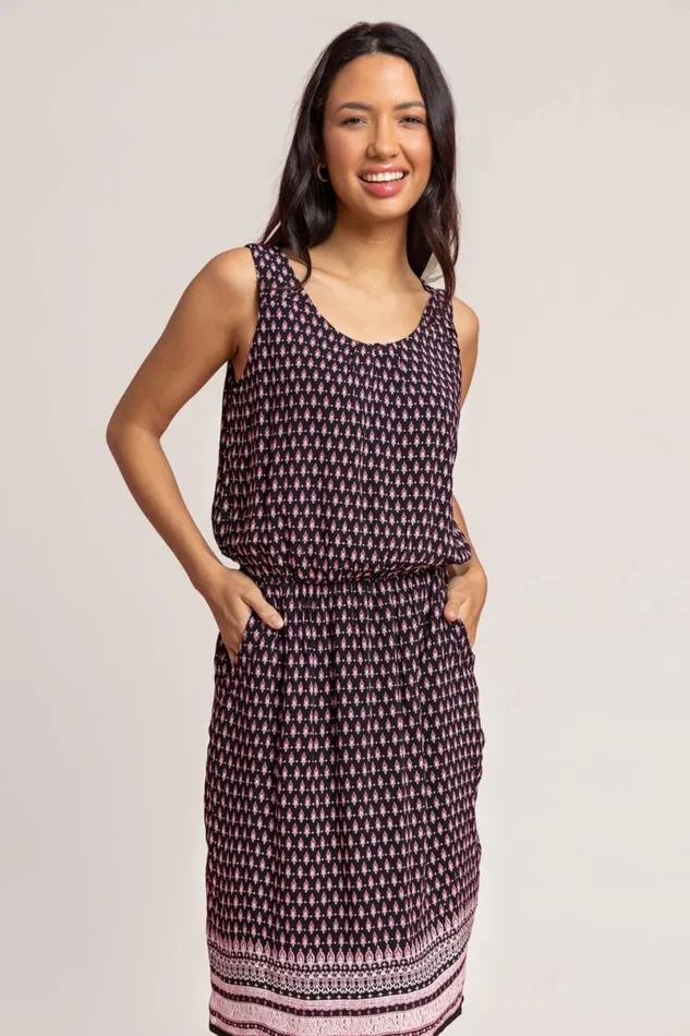 Burgandy Border Print Keyhole Pocket Dress Women Roman Dresses