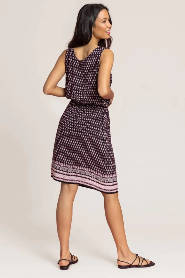 Burgandy Border Print Keyhole Pocket Dress Women Roman Dresses