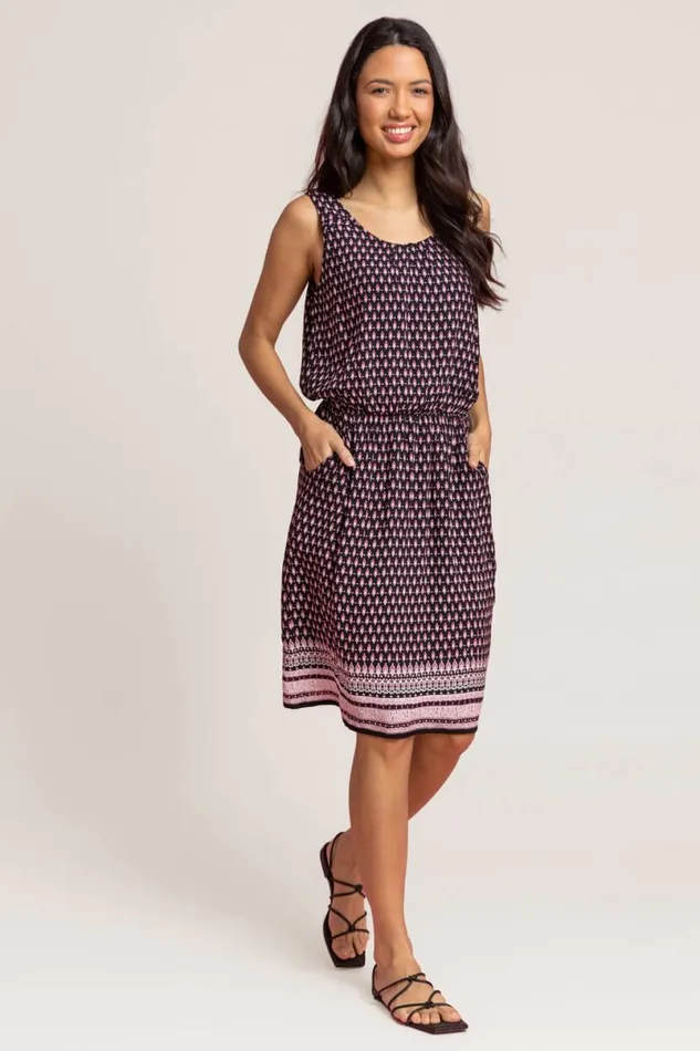 Burgandy Border Print Keyhole Pocket Dress Women Roman Dresses