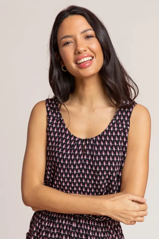 Burgandy Border Print Keyhole Pocket Dress Women Roman Dresses