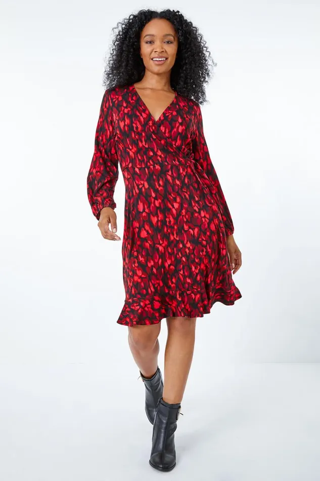 Burgundy Petite Animal Stretch Wrap Dress Women Roman Dresses