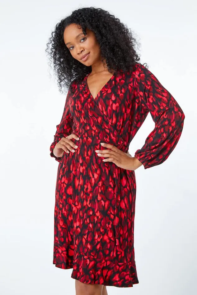 Burgundy Petite Animal Stretch Wrap Dress Women Roman Dresses