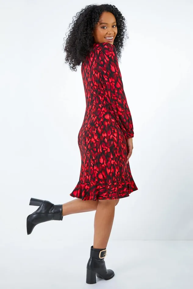 Burgundy Petite Animal Stretch Wrap Dress Women Roman Dresses