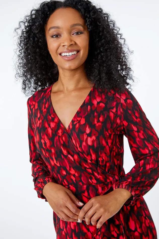Burgundy Petite Animal Stretch Wrap Dress Women Roman Dresses