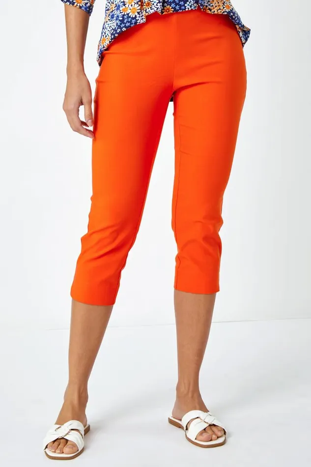Burnt Orange Elastic Waist Stretch Cropped Trousers Women Roman Occasionwear